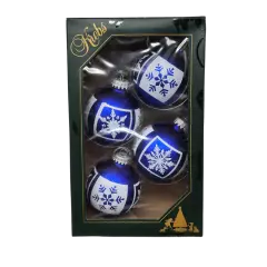 Krebs Value Glass Ball 4 pack - White Glitter Snowflakes on Deep Blue