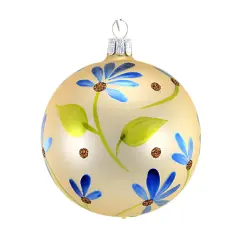 Golden Bell Collection 3.5 Inch Champagne Ball With Flowers Christmas Tree Ornament , Christmas Decor Ornament Flower Spring Blue