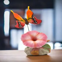 Ceramic Morning Glory Flower with Butterfly Figurine, Home D&eacute;cor, Gift for Her, Gift for Mom, Nature Lover Gift