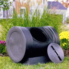 Black Polyethylene Tumbling Composter Bin with Wheels and Vent Lid