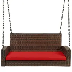 Brown Wicker Hanging Patio Porch Swing Bench with Red Cushion