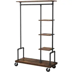 Rustic Brown Farmhouse 5 Tier Laundry Pipe Garment Rack with Wheels Industrial Storage Organizer