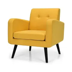 Modern Linen Upholstered Accent Chair with Soft Sponge Cushion and Rubber Wood Frame Yellow