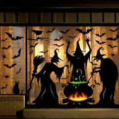 Extra Large 3 Witches with Black Cat and Spider Halloween Window Stickers (4 Sheets)