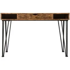 Rustic Brown Wood and Metal Writing Desk with Drawer and Hairpin Legs