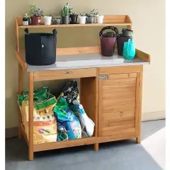 Garden Potting Bench with Steel Table Top and Storage Cabinet and Hooks