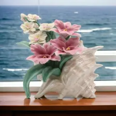Ceramic Pink Orchid and Narcissus Flowers in a Seashell Figurine, Home D&eacute;cor, Gift for Her, Gift for Mom, Spring D&eacute;cor, Coastal Charm