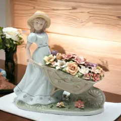 Ceramic Girl Pushing Flower Cart Figurine, Home D&eacute;cor, Gift for Her, Gift for Mom, Spring D&eacute;cor
