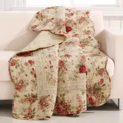 Floral Roses Cotton Quilt Throw Blanket Red Pink Gold Ecru