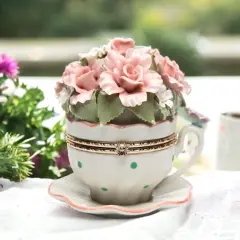 Cup and Saucer Shaped Hinge Box with Pink Flowers Music Box, Home D&eacute;cor, Gift for Her, Gift for Mom, Mother's Day Gift
