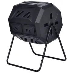 Black PP and Steel 43 Gallon Dual-Compartment Compost Tumbler with Vents