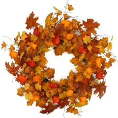 22 inch Artificial Fall Wreath - Orange Cape Gooseberry