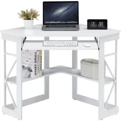 White Engineered Wood Corner Computer Desk with Shelves and Keyboard Tray