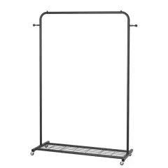 Black Steel Modern Garment Rack with Shelves, Side Hooks and Lockable Wheels