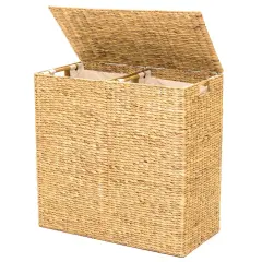 Natural Water Hyacinth 2-Bin Laundry Hamper with Lid and Canvas Liners