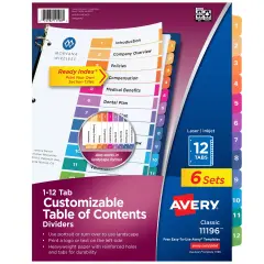 Avery Ready Index 12 Tab Binder Dividers, Customizable Table of Contents, Multicolor Tabs, 6 Sets (11196)