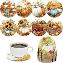 8 Pcs Fall Pumpkin Diamond Painting Coasters Kit for Beginners