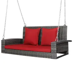 Costway 2-Person Patio PE Wicker Hanging Porch Swing Bench Chair with Cushion