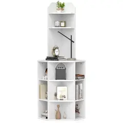 Costway 6-Tier Corner Shelf 63" Tall Corner Bookshelf with 2 USB Ports & Charging Station Brown/White