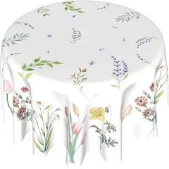 Watercolor Wild Floral Leaf Tablecloth Round 60 Inch,Spring Summer Colorful Flowers Polyester Circle Table Cloth Wrinkle Stain Resistant Washable Table Cover for Kitchen Dining Room Party Picnic