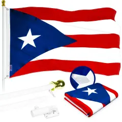 G128 Combo Pack: 5 Ft Tangle Free Aluminum Spinning Flagpole (White) & Puerto Rico Puerto Rican Flag 2.5x4 Ft, ToughWeave Series Embroidered 300D Polyester | Pole with Flag Included
