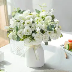 Elegant White Artificial Silk Rose Arrangement &ndash; Faux Flowers with Vase for Home, Office & Events
