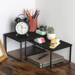 4pcs Kitchen Counter Shelves Stackable Shelf Organizer Wood Countertop Shelf Expandable Cabinet Shelf Organizers Countertop Storage Rack for Pantry, Industrial Black