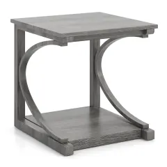 Black Metal Wood 24 Inch C-Shaped 2-Tier Square End Table Sofa Side Table - Grey
