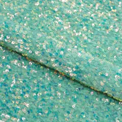 Sanibel Seashell Stretch Velvet Sequin Fabric Mint/Irid