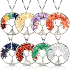 8 Pieces Life Tree Pendant Charms Gemstone Chakra Crystal Quartz Pendants Chakra Healing Charm for Necklace Earrings Bracelets Jewelry Making, Assorted Colors (Silver Chain Style)