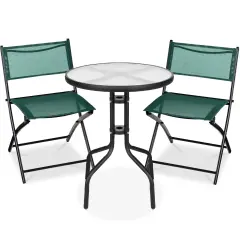 Best Choice Products 3-Piece Patio Bistro Dining Furniture Set w/ Round Textured Glass Tabletop, Folding Chairs Dark Green