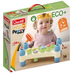 Quercetti: PlayEco+ Hammer Peggy - Classic Peg Pounding Bench Toy, Interactive & Colorful Board, Preschool Cause-Effect Play, Toddler & Kids 18mo+