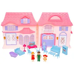 Boley: Doll House - Pink & Purple - 16pc Playset - 3 Family Dolls & 12 Furniture Accessories, Foldable & Portable Design, Durable Plastic, Kids 3+
