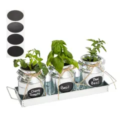 Set of 3 Galvanized Metal Window Herb Planters for Indoor Plants, Farmhouse Flowers Pots with Tray (4"D x 14"W x 5"H)