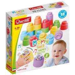 Quercetti: Momy Soft - Happy Sound - 18pc Blocks Set, Rattle Pieces, Sorting & Stacking, Construction Toy, Early Development Play, Baby & Toddler 6mo+