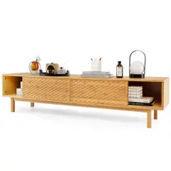 Costway 63" Bamboo TV Stand with 3 Storage Cubes Sliding Doors Mid Century Storage Cabinet