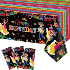 3 Pcs Mexican Fiesta Happy Birthday Fiesta Disposable Table Cover Plastic Cinco De Mayo Tablecover for Mexican Taco Night Birthday Party Decorations Supplies, 54 x 108 Inch
