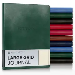Gallery Leather Grid Journal - Crafted in Maine, USA - Elegant Leather Notebook with 192 Grid Pages , 9.75x7.5 ", Large Grid Acadia Green