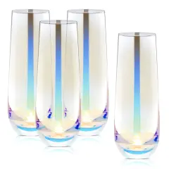 4 Pack Iridescent Champagne Flutes, Stemless Wine Glasses for Cocktails, Mimosas, Bars (10 oz) Clear