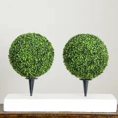 Nearly Natural Boxwood Ball Topiary Artificial Outdoor Plants - 14" - Set of 2 Green