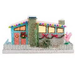 Cody Foster 6.0 Inch Blue Palm Springs House Christmas Putz House , Christmas Decor Mid Century Modern Flamingo Multicolored