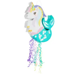 Unicorn Mermaid Pinata - Pull String Pinata for Girls Under the Sea Party Decorations, Rainbow Birthday (Small, 16.5x13x3 In), For Ages 3+ Blue
