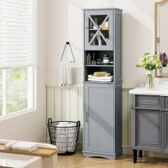67 Inch Tall Freestanding Bathroom Storage Cabinet with 5 Adjustable Shelves and 2 Open Compartments Gray