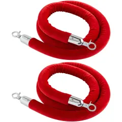 Set of 2 Red Velvet Stanchion Rope - 5 ft Control Barriers with Polished Silver Hooks