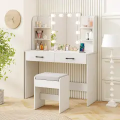 Vanity Set with Lighted Mirror and Stool for Easy Storage and Charging White