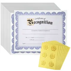 48 Sheets Blue Floral Certificate of Recognition Paper for Printing with Gold Foil Sticker Seals - Customizable with Border for Graduation, Diploma, Completion Award Documents (8.5 x 11 in)