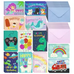 36 Pack Kids Birthday Cards Assortment with Colored Envelopes Bulk, Dinosaur, Mermaid, Narwhal, Caticorn Designs (4x6 In), Ages 3-14 Multicolor
