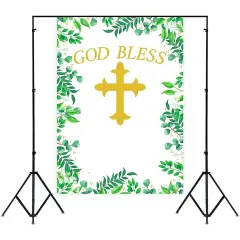 Baptism Photo Booth Backdrop for First Communion Decorations, God Bless (5 x 7 Feet) Green