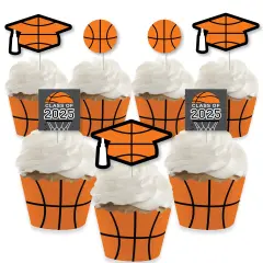 Big Dot of Happiness Grad Basketball - Cupcake Decoration - 2025 Graduation Party Cupcake Wrappers and Treat Picks Kit - Set of 24