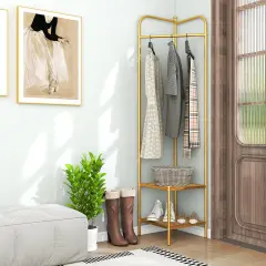 Corner Coat Rack with Top Hanger and 2 Mesh Shelves for Entryway Golden